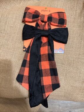 Piper Black & Orange Buffalo Plaid and Solid Black Bow Clip Set